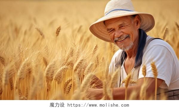 农民手拿成熟的麦穗观察农作物谷物秋收的麦田麦穗小麦图芒种节气农民大丰收